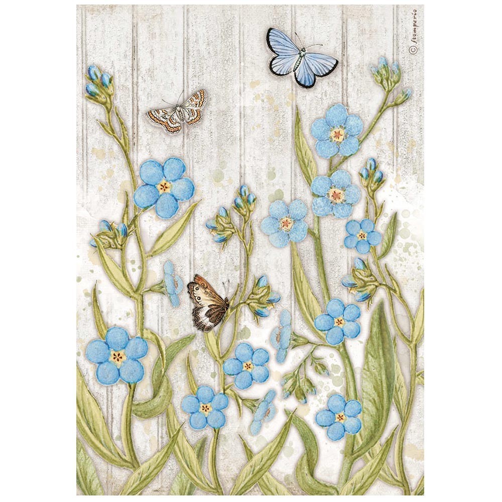 Romantic Garden House Fiori Blu Carta di Riso A4 Stamperia